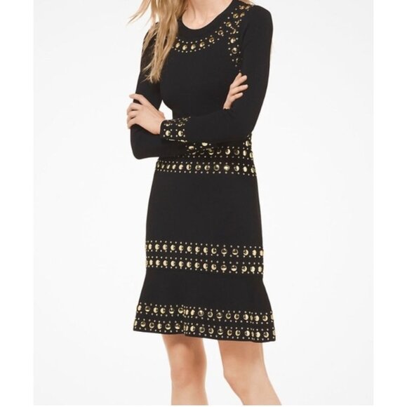 MICHAEL MICHAEL KORS Studded Stretch Knit Mini Dress in Black & Gold Size Medium - Picture 1 of 5